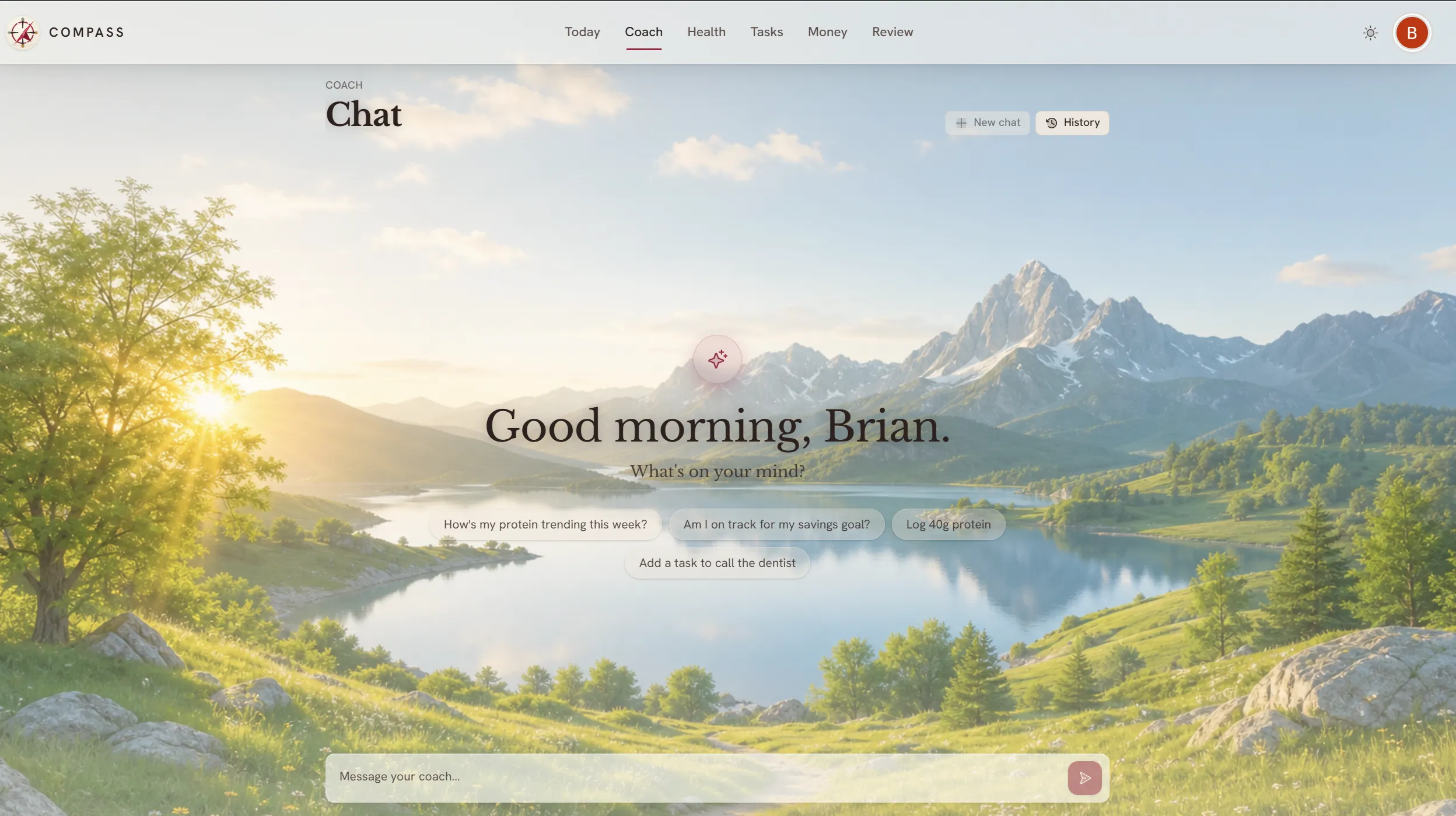 Compass Coach chat screen with suggested prompts for health, savings, protein logging, and task creation